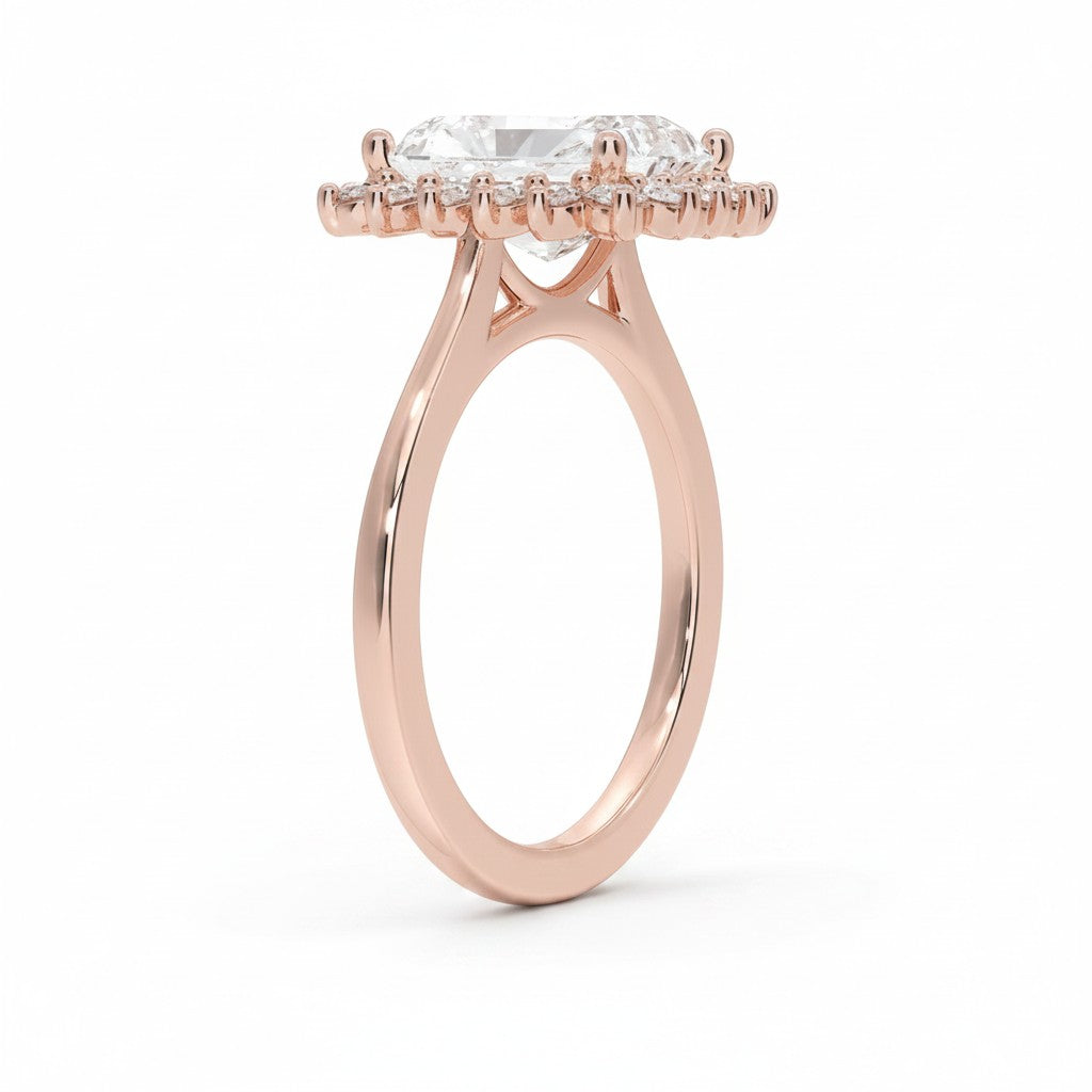 My Store 4 18K rose gold engagement ring with a radiant-cut lab-grown diamond in a vintage halo setting, side view.