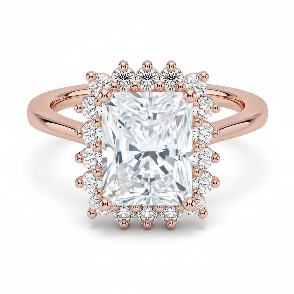 My Store 4 18K rose gold radiant-cut lab diamond engagement ring with a vintage halo setting