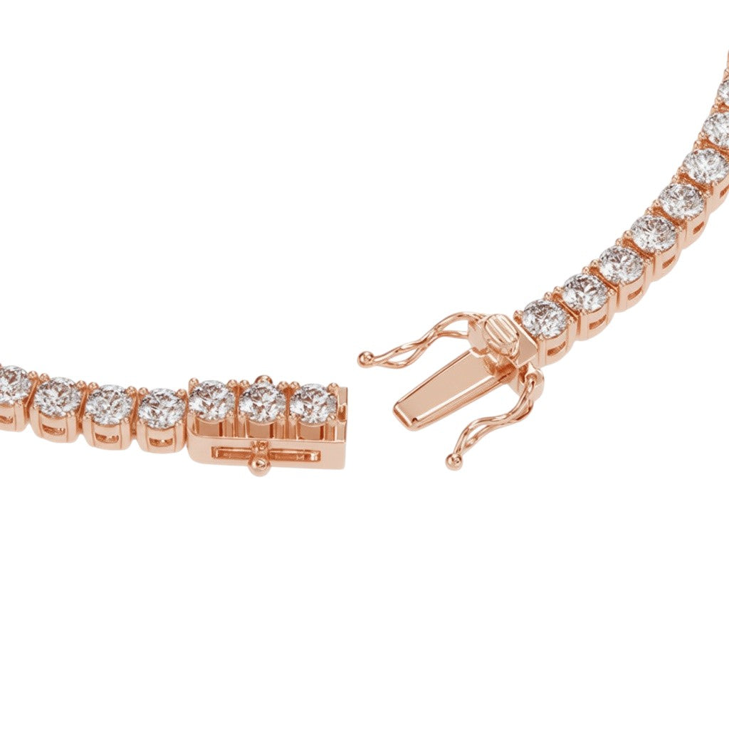 My Store 4 rose gold tennis bracelet featuring round white diamonds and a secure box clasp with safety latches.
