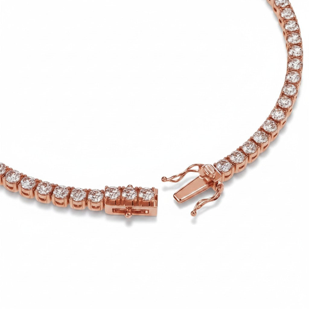 My Store 4 rose gold tennis bracelet with round white diamonds and a secure box clasp with dual safety latches