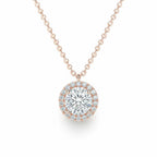 My Store 4 round brilliant diamond pendant with a micro-pave cushion halo in 18K rose gold on a delicate cable chain.