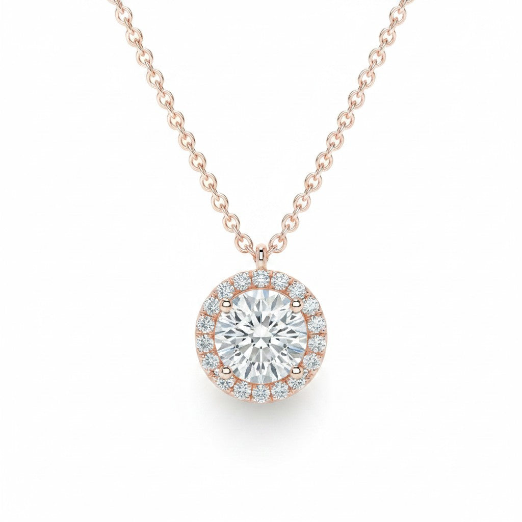 My Store 4 round brilliant diamond pendant with a micro-pave cushion halo in 18K rose gold on a delicate cable chain.
