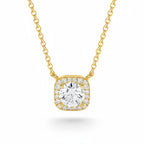 My Store 4 round brilliant diamond pendant in a micro-pave cushion halo setting on an 18K yellow gold cable chain.
