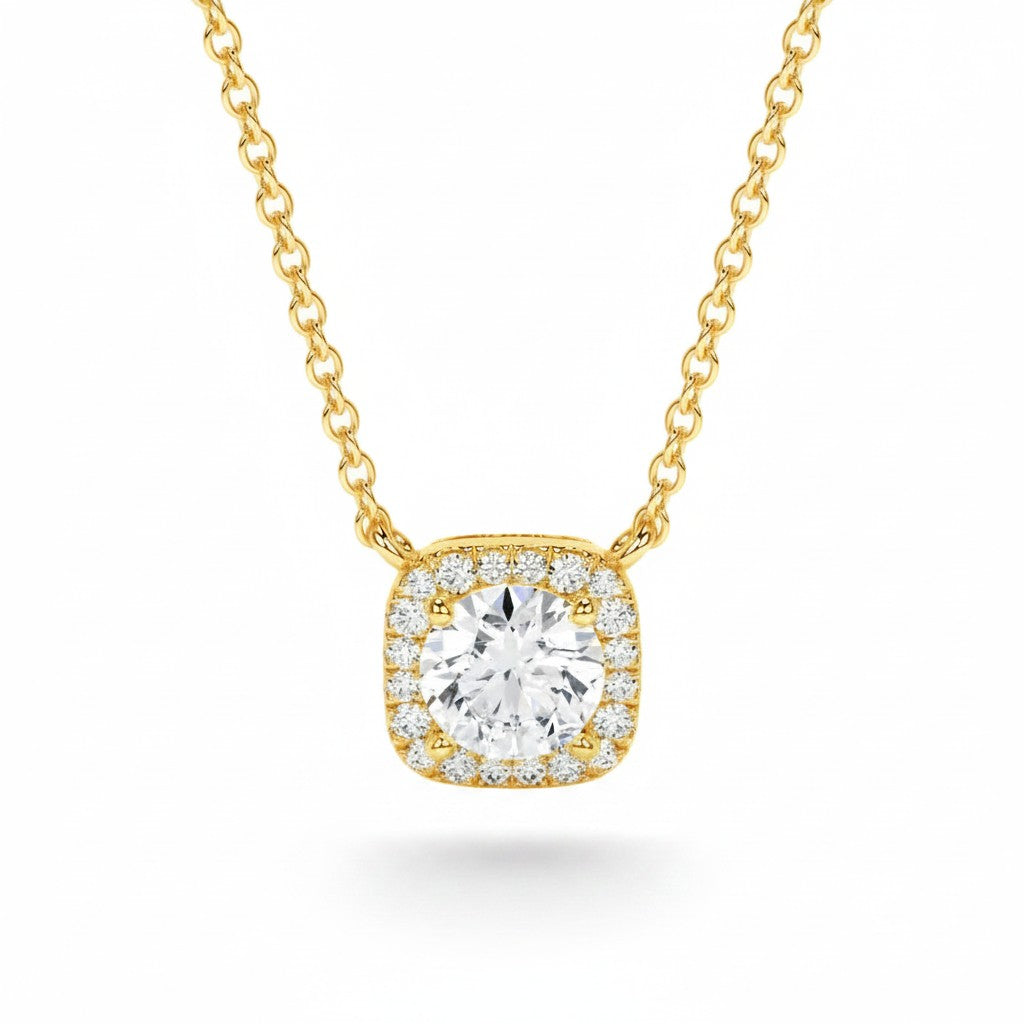 My Store 4 round brilliant diamond pendant in a micro-pave cushion halo setting on an 18K yellow gold cable chain.