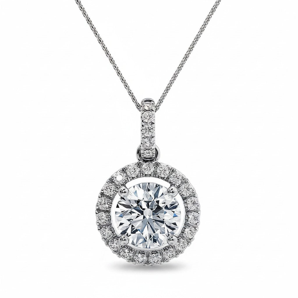 My Store 4 round diamond halo pendant necklace in white gold with a micro-pave diamond bail and delicate chain
