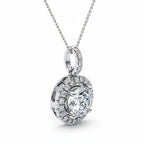 My Store 4 round diamond halo pendant necklace in white gold with a micro-pave diamond bail on a delicate chain.
