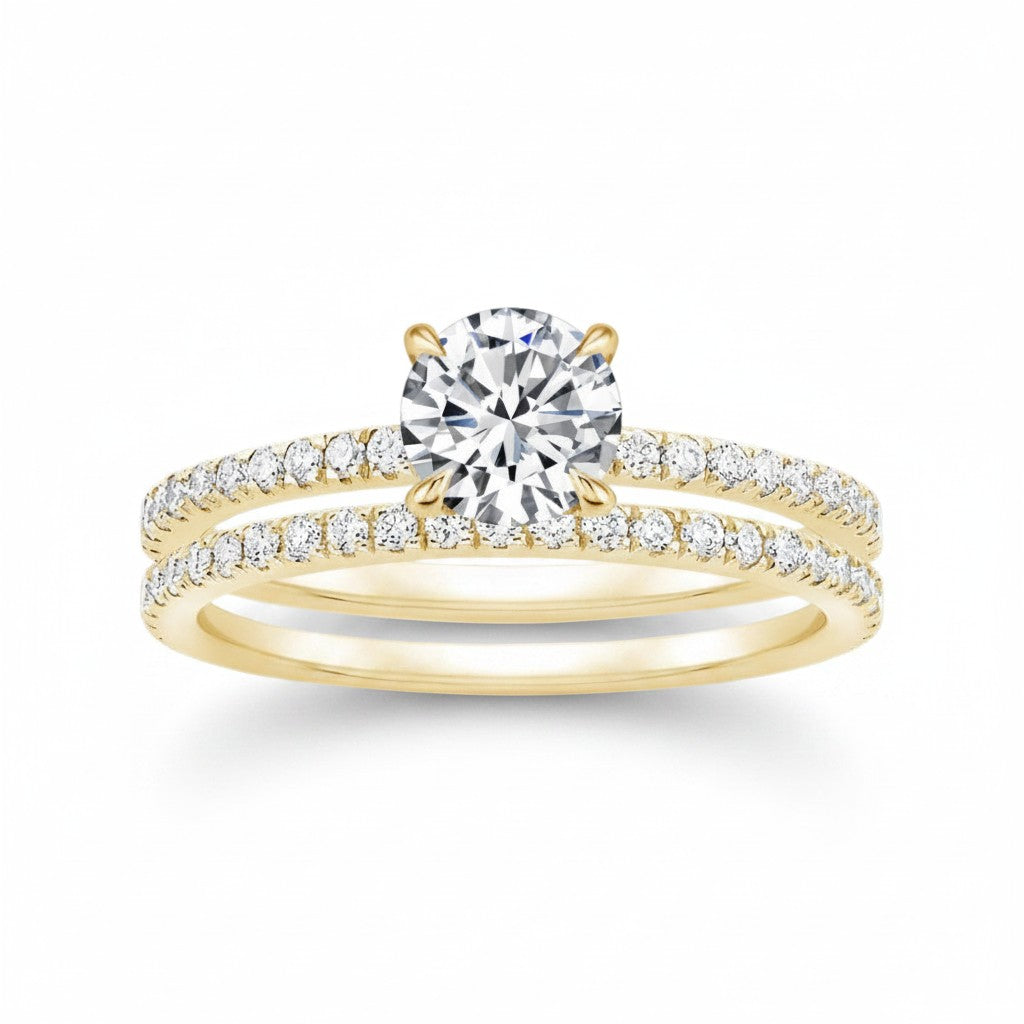 My Store 4 round diamond engagement ring and matching pavé wedding band set in 18K yellow gold with four-prong setting