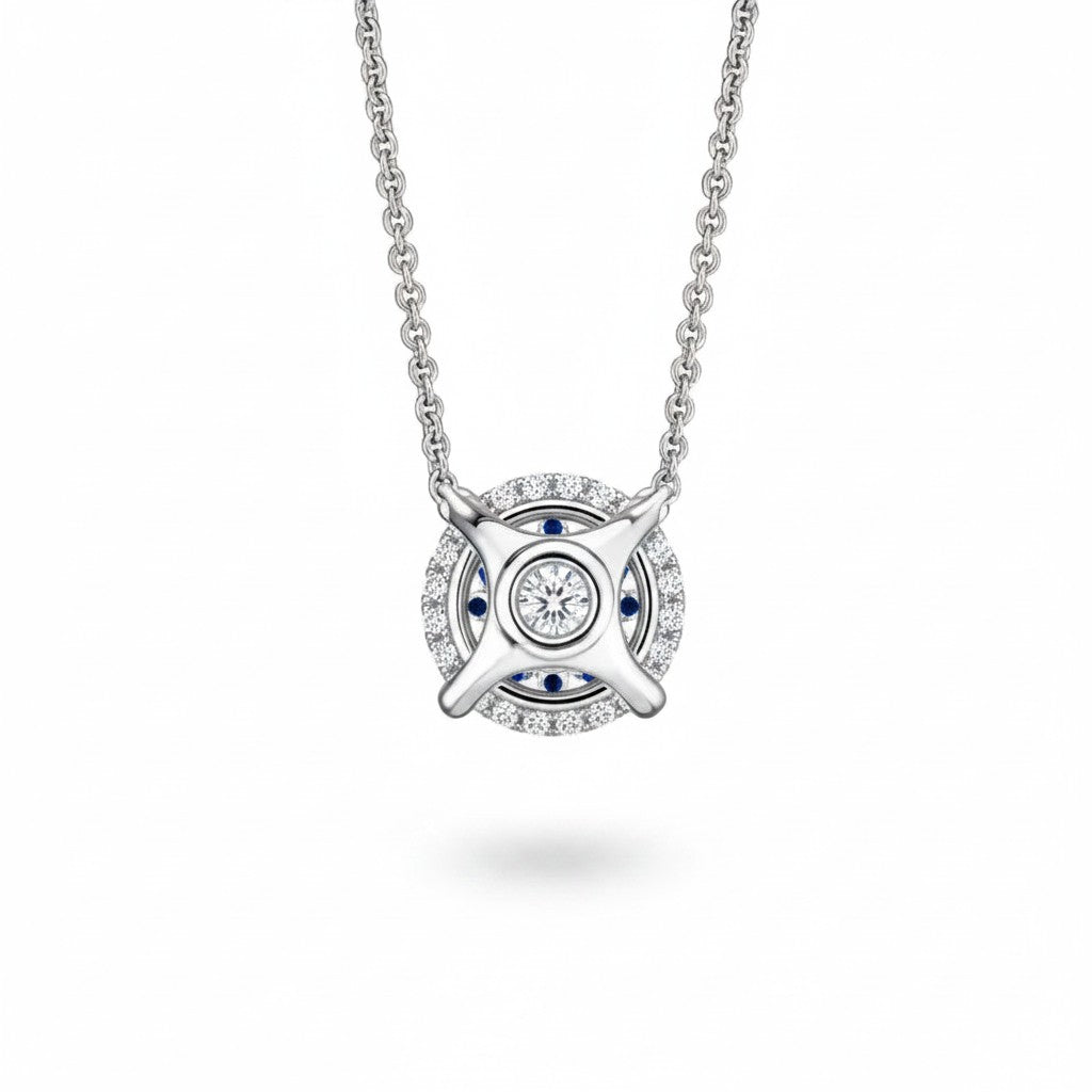 My Store 4 round floating diamond solitaire pendant necklace in white gold with a delicate cable chain.