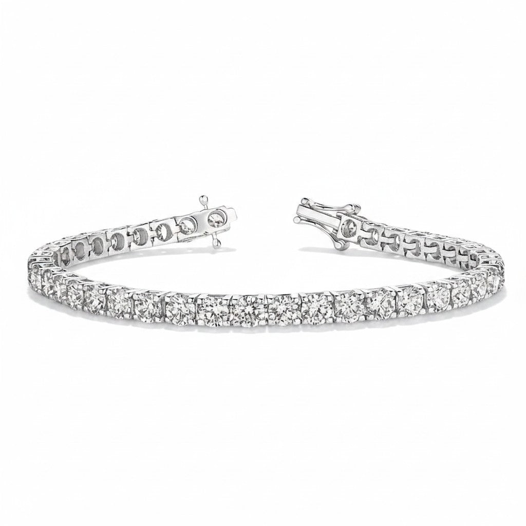 My Store 4 custom 4-prong round diamond tennis bracelet in white gold with a secure box clasp.