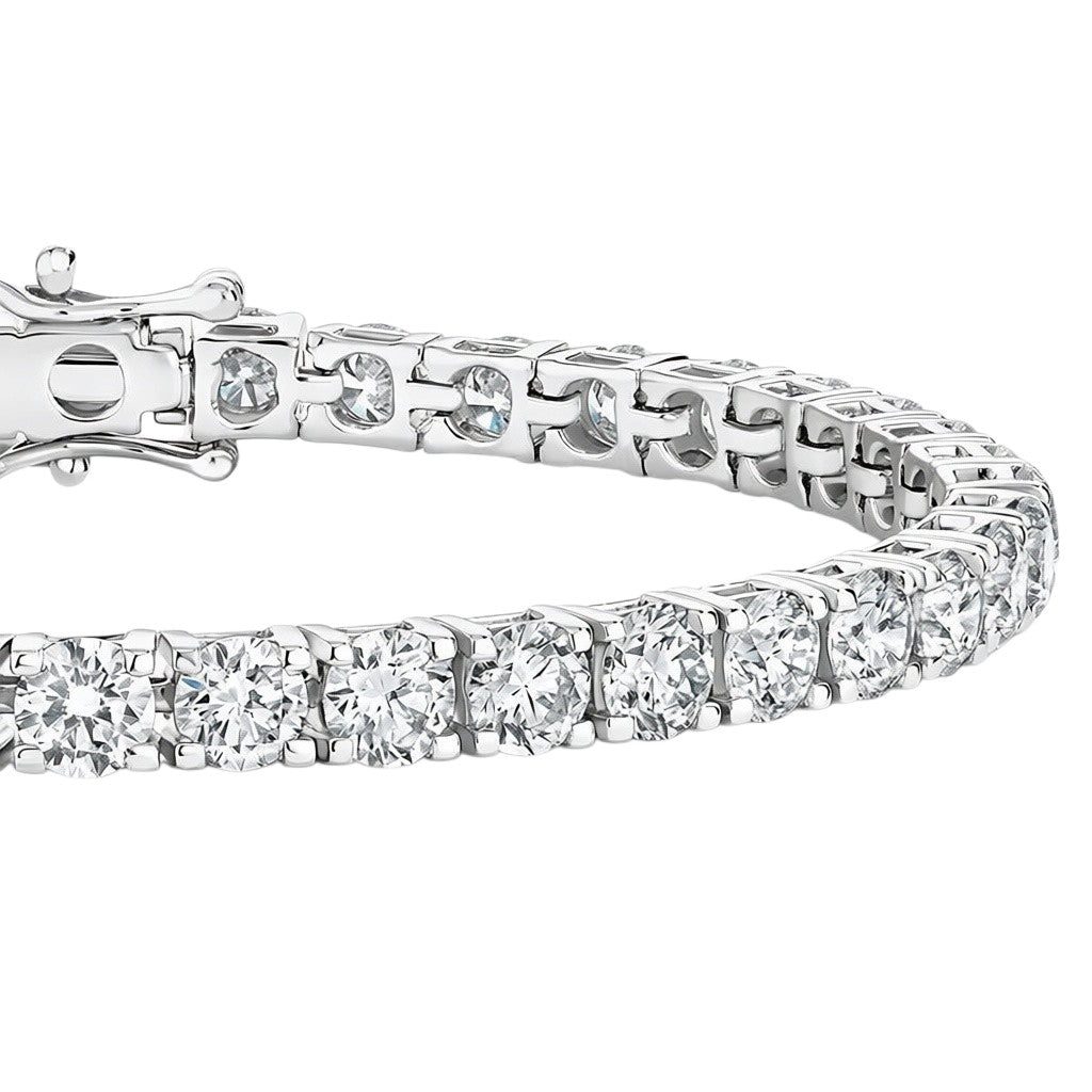 My Store 4 custom 4-prong round brilliant diamond tennis bracelet in white gold with a secure box clasp.