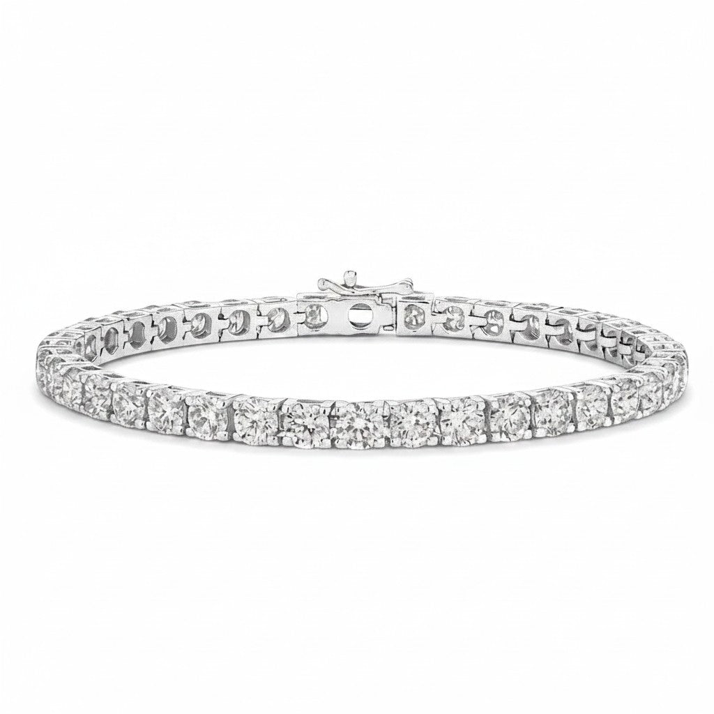 My Store 4 custom 4-prong round diamond tennis bracelet in white gold with a secure box clasp on a white background.