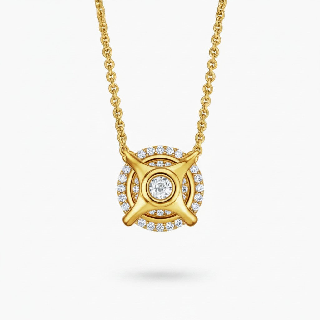 My Store 4 round floating diamond solitaire pendant necklace in 18k yellow gold with a minimalist four-prong setting.