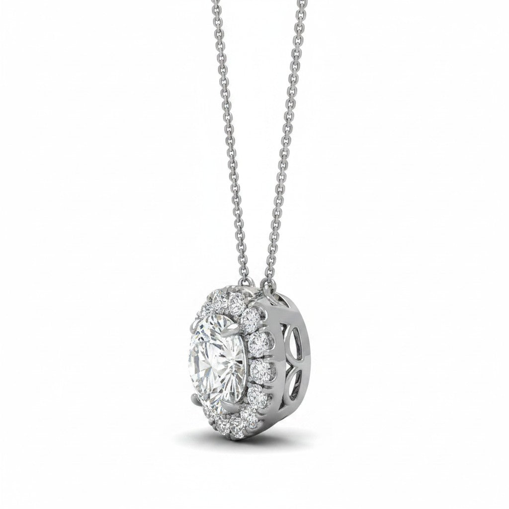 My Store 4 round halo floating diamond pendant necklace in white gold with a delicate cable chain
