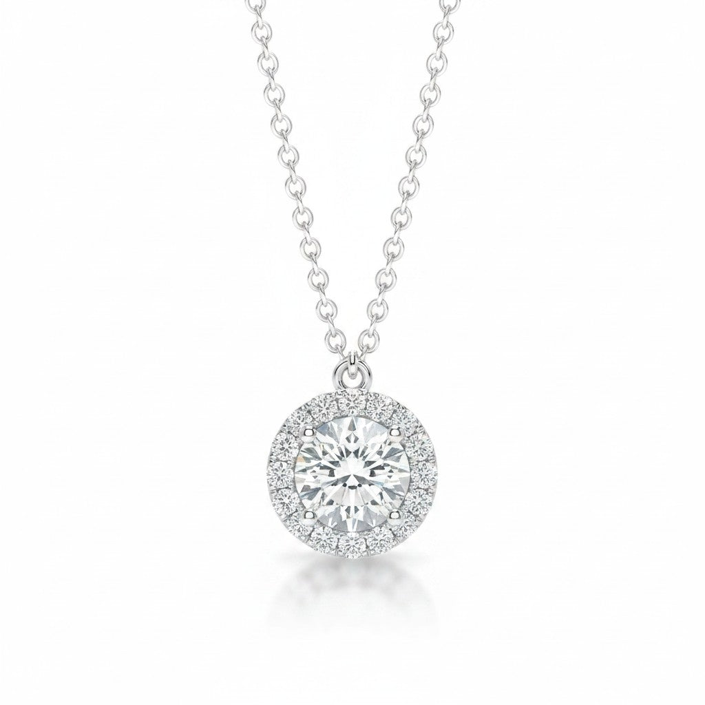 My Store 4 round brilliant diamond pendant with a micro-pave halo in white gold on a delicate cable chain