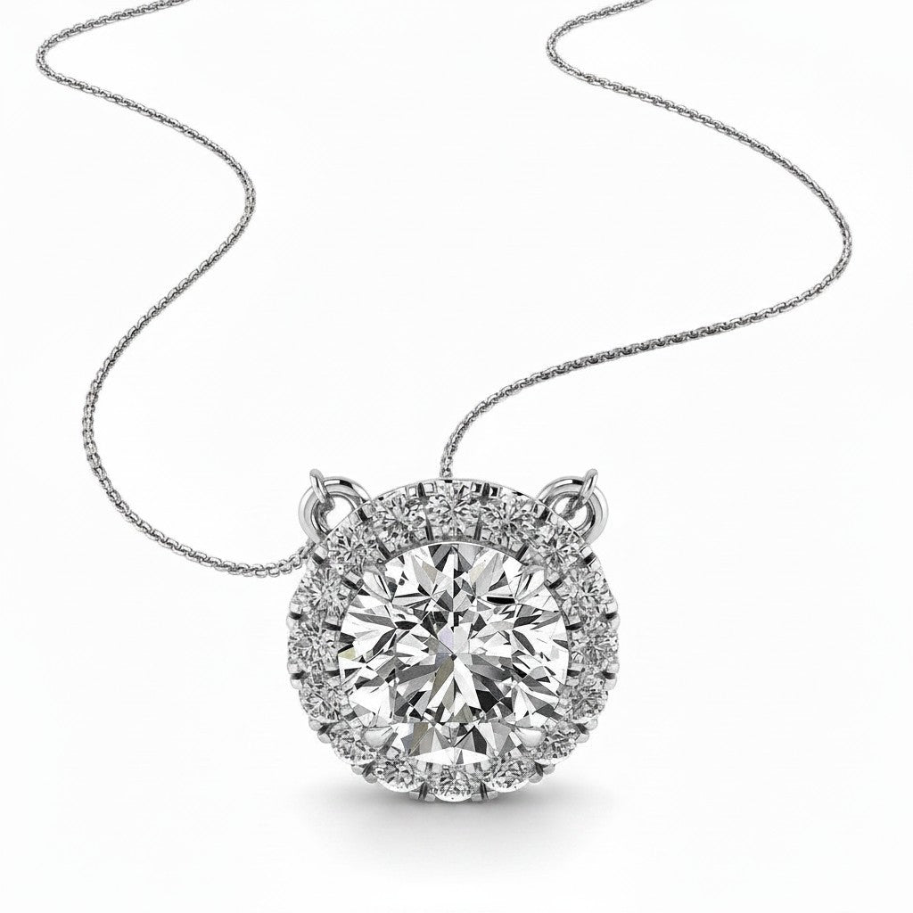 My Store 4 round brilliant cut diamond pendant with a micro-pave halo on a delicate white gold cable chain
