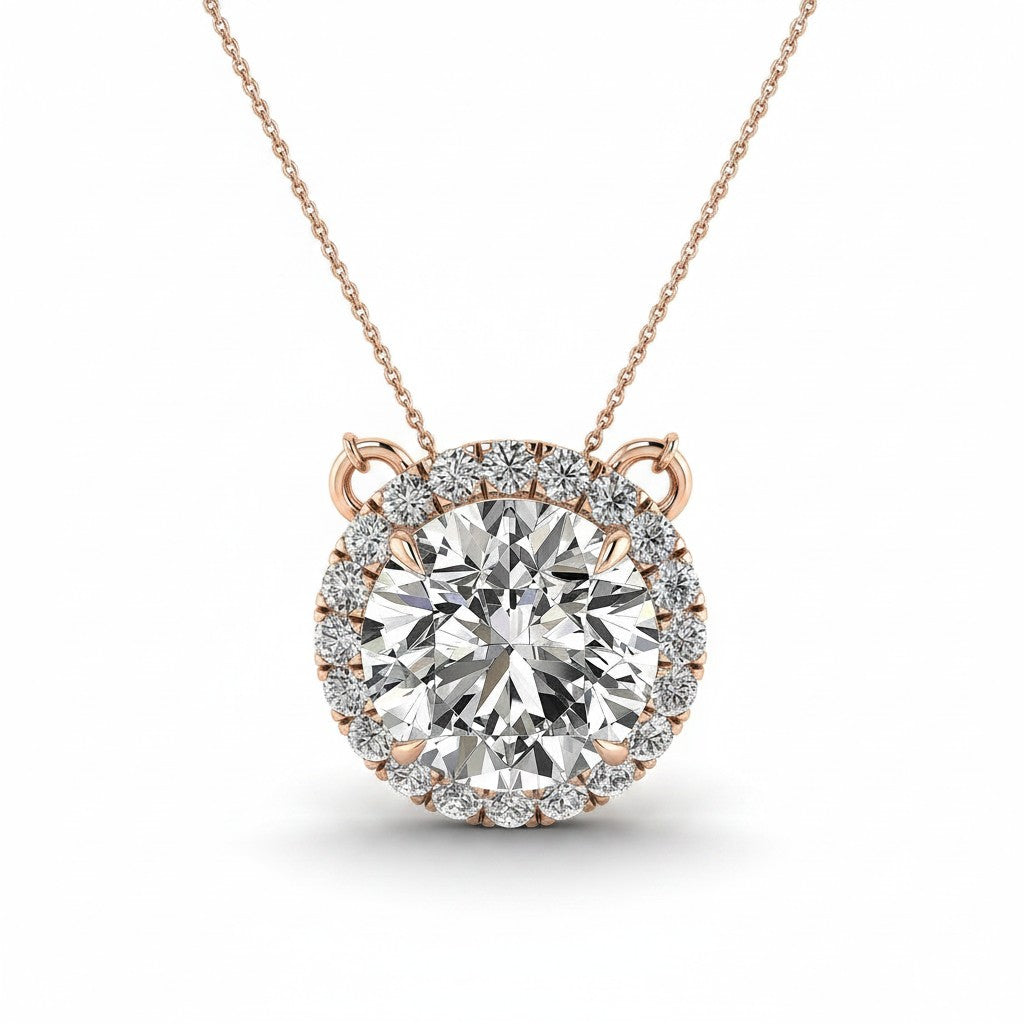 My Store 4 round halo floating diamond pendant in rose gold with a central brilliant-cut stone and micro-pave border.