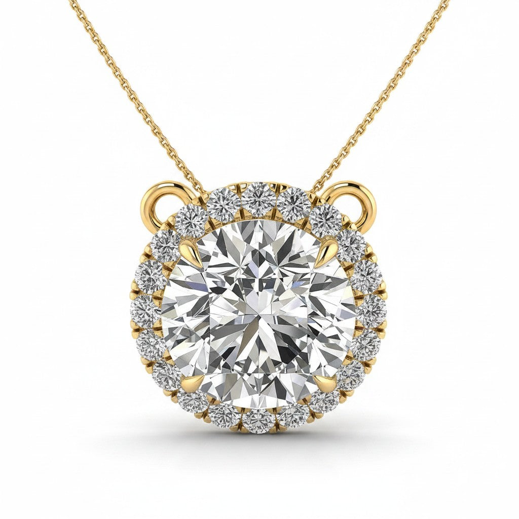 My Store 4 round halo floating diamond pendant necklace in 18K yellow gold with a brilliant center stone.