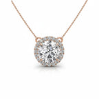 My Store 4 round halo floating diamond pendant necklace in rose gold with a brilliant center stone and pave accents.