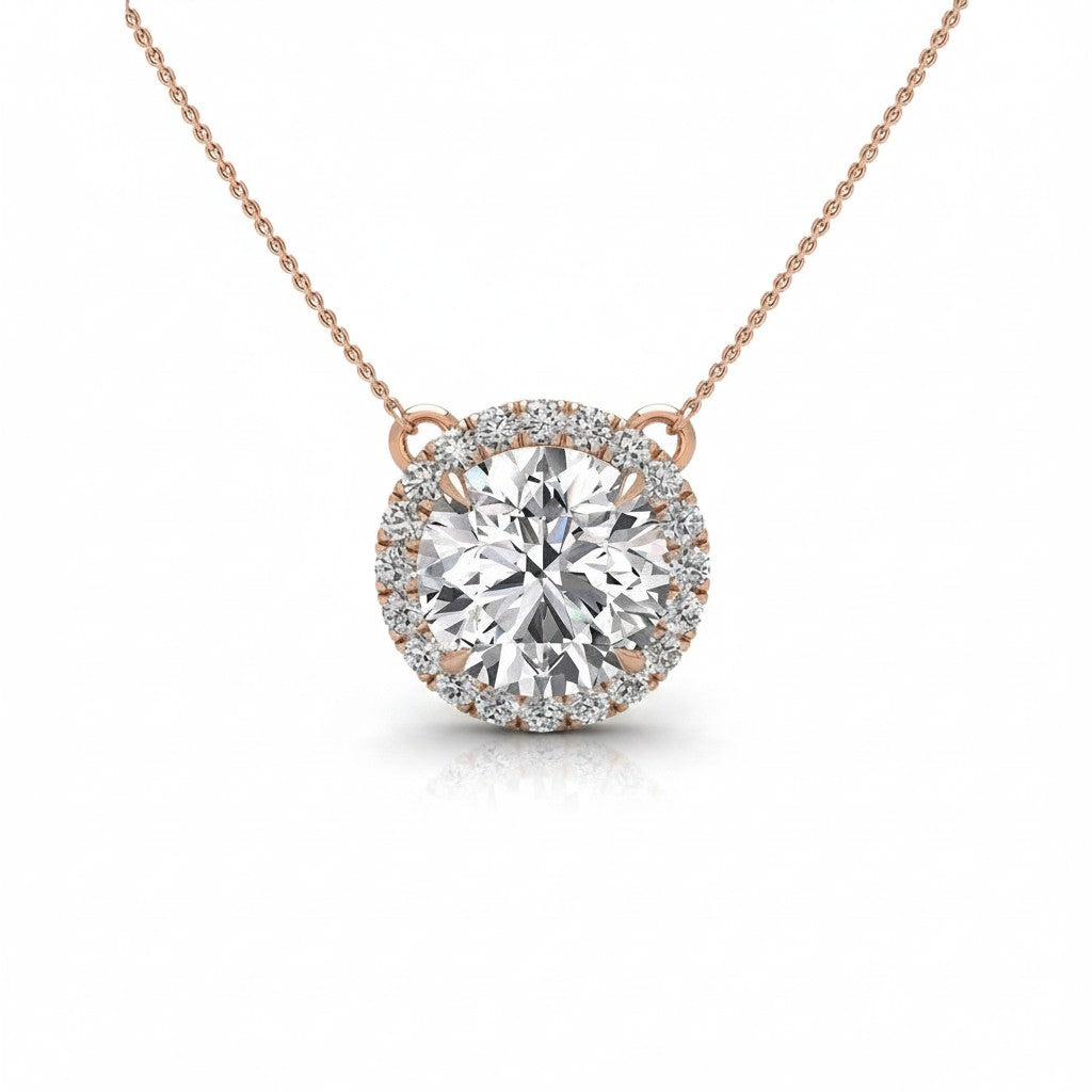 My Store 4 round halo floating diamond pendant necklace in rose gold with a brilliant center stone and pave accents.
