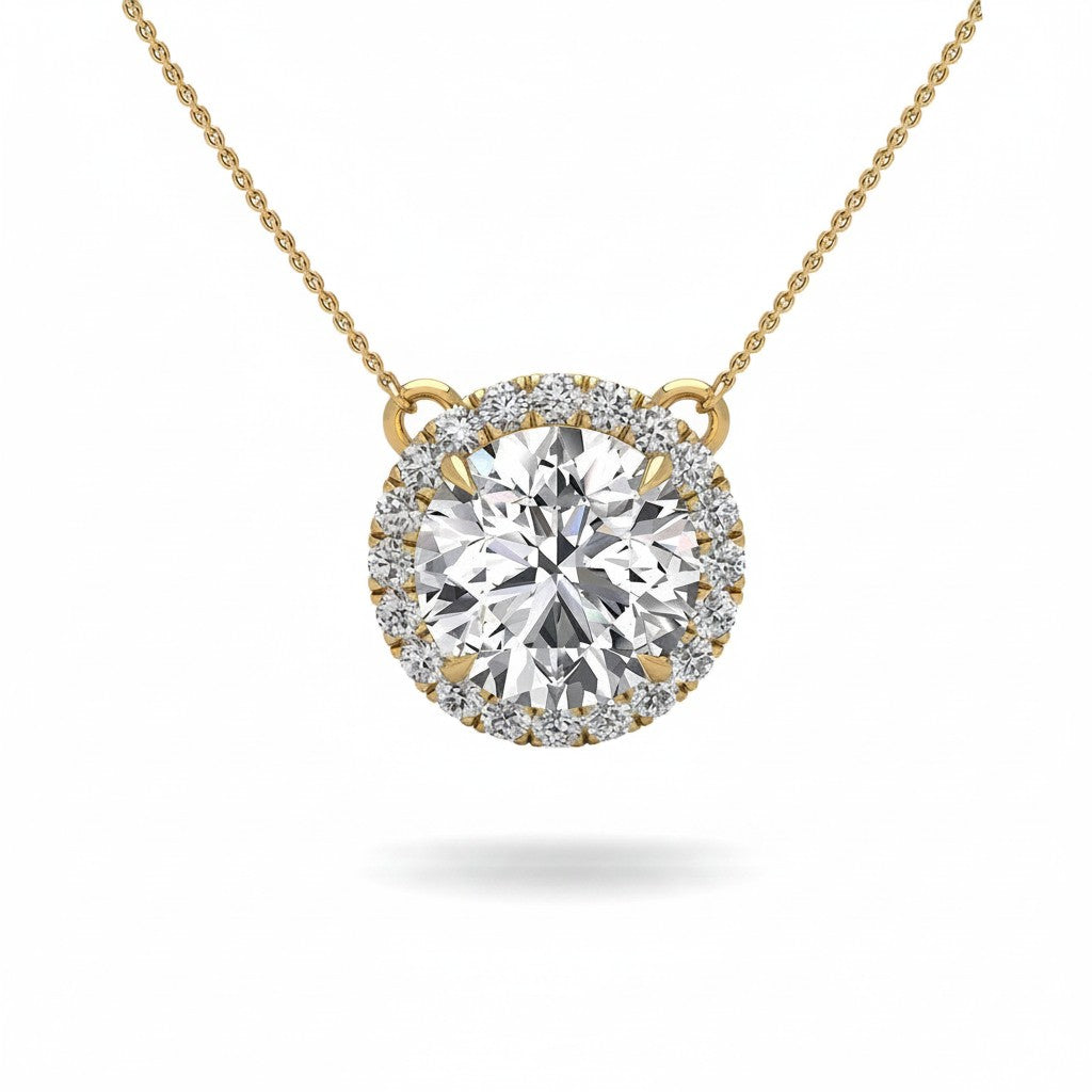 My Store 4 round halo floating diamond pendant necklace in 18K yellow gold with a brilliant center stone