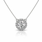 My Store 4 round halo floating diamond pendant necklace in white gold with a brilliant center stone and micro-pave halo.