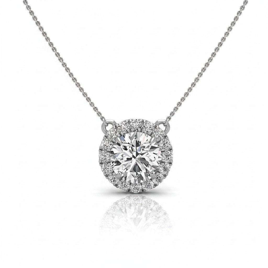 My Store 4 round halo floating diamond pendant necklace in white gold with a brilliant center stone and micro-pave halo.