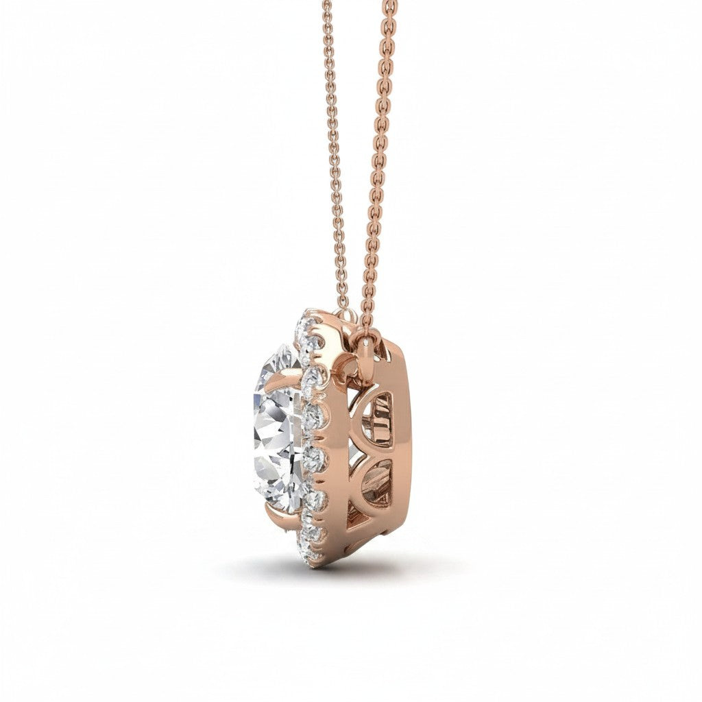 My Store 4 round halo floating diamond pendant in 18K rose gold with a brilliant center stone and micro-pave border