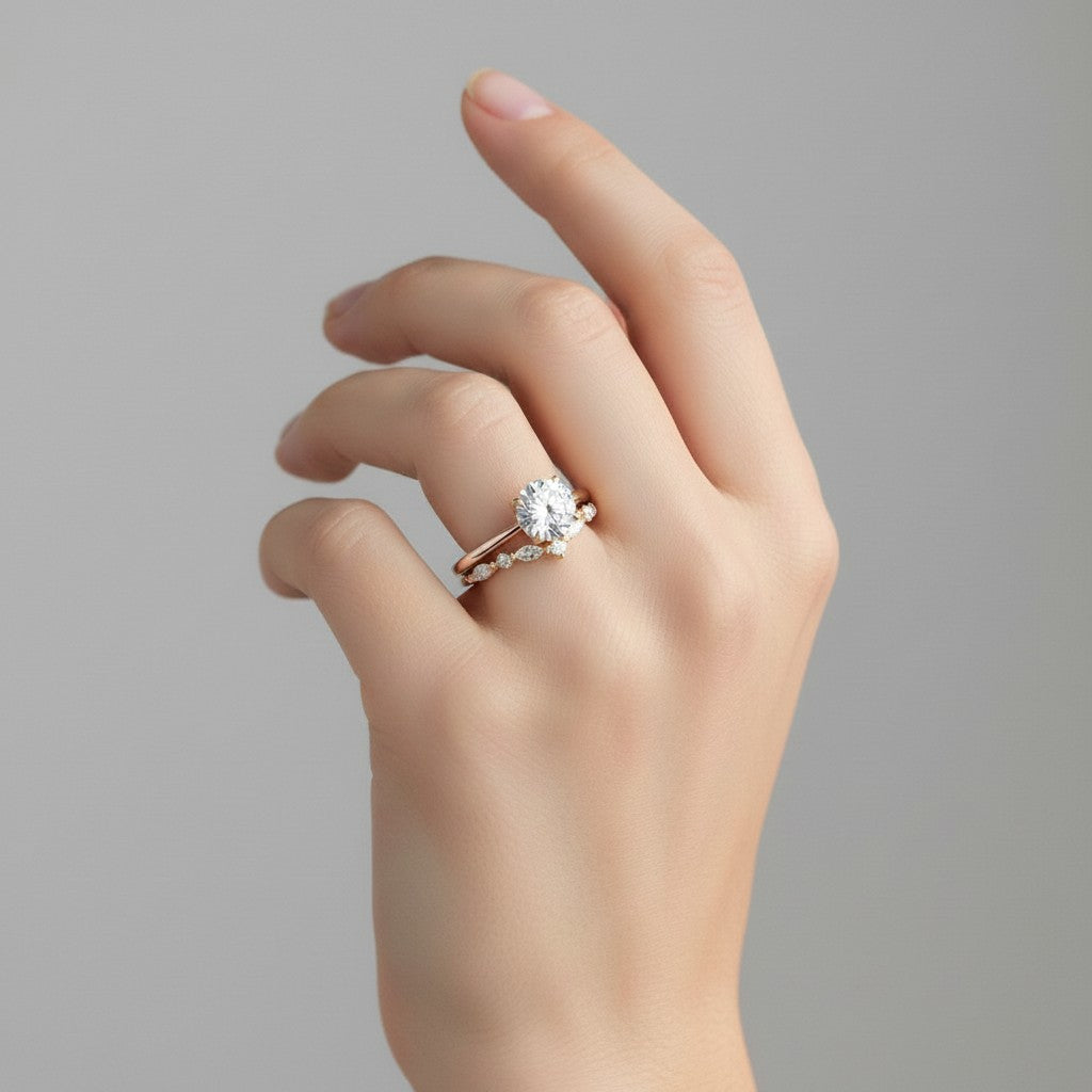My Store 4 round solitaire engagement ring with a marquise diamond chevron band on a woman's finger in yellow gold.