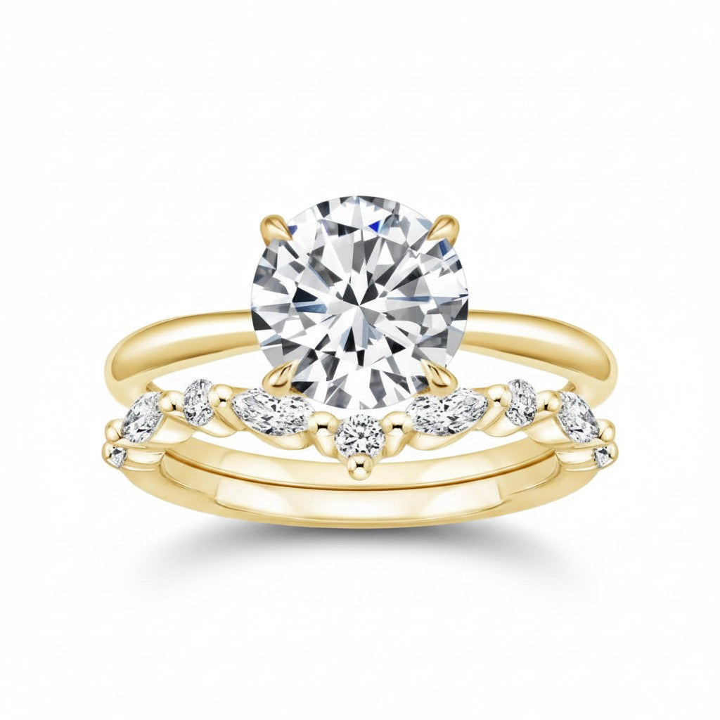 My Store 4 round solitaire engagement ring with a chevron marquise diamond wedding band in 18k yellow gold