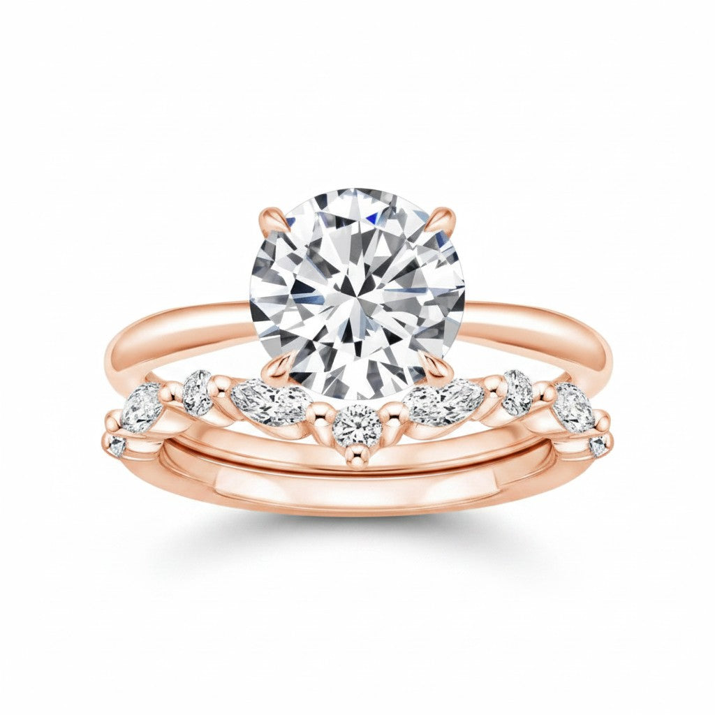 My Store 4 round solitaire engagement ring and marquise diamond chevron wedding band set in polished rose gold.