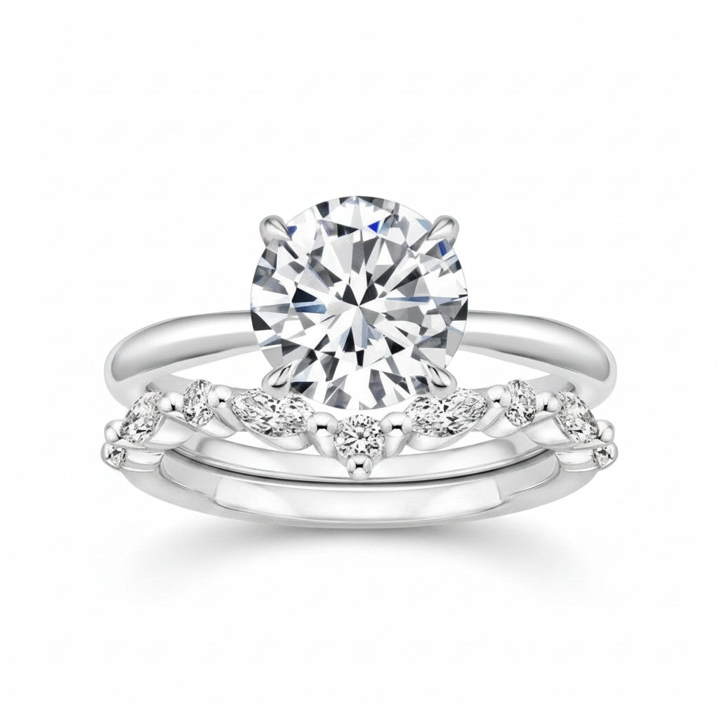 My Store 4 round solitaire engagement ring with a marquise and round diamond chevron wedding band in white gold