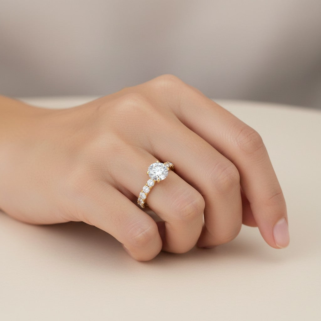 My Store 4 round brilliant-cut solitaire engagement ring with a full eternity diamond band in 18K yellow gold.