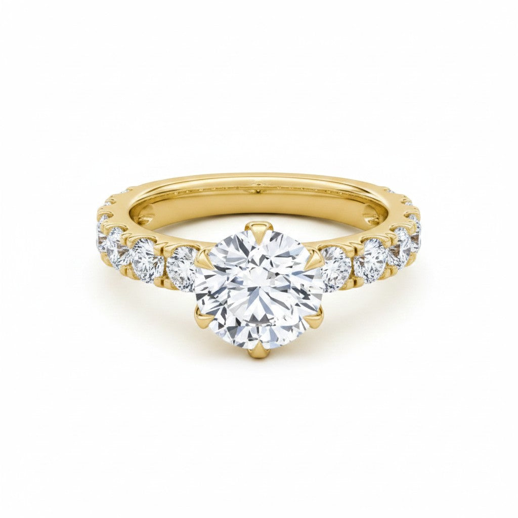 My Store 4 round brilliant cut solitaire engagement ring with a full eternity diamond band in 18K yellow gold.