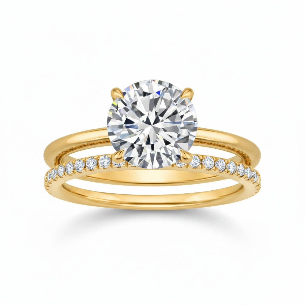 My Store 4 round solitaire engagement ring with a micro-pavé eternity wedding band in polished 18K yellow gold.