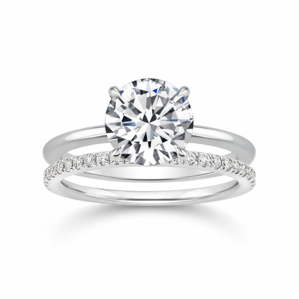 My Store 4 round solitaire engagement ring with a micro-pavé eternity wedding band in polished white gold.