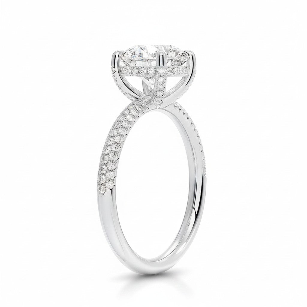 My Store 4 round cut solitaire engagement ring in white gold with a triple-row micro-pavé diamond band