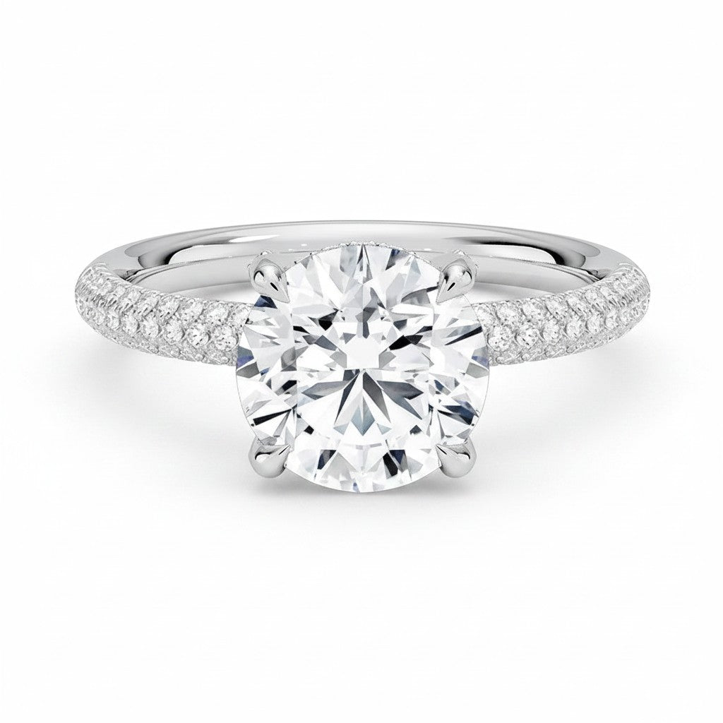 My Store 4 round cut solitaire engagement ring in white gold with a triple-row micro-pavé diamond band