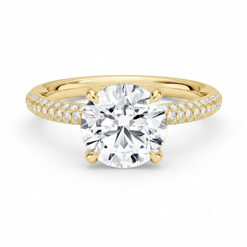 My Store 4 round cut solitaire engagement ring in yellow gold with a triple-row micro-pavé diamond band.