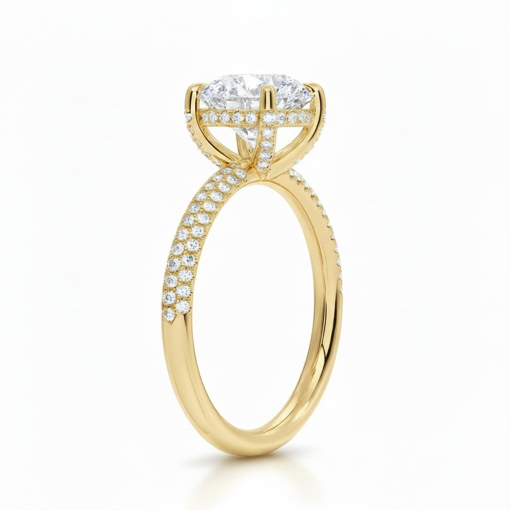 My Store 4 round solitaire engagement ring in yellow gold with a triple-row micro-pavé diamond band and four-prong setting