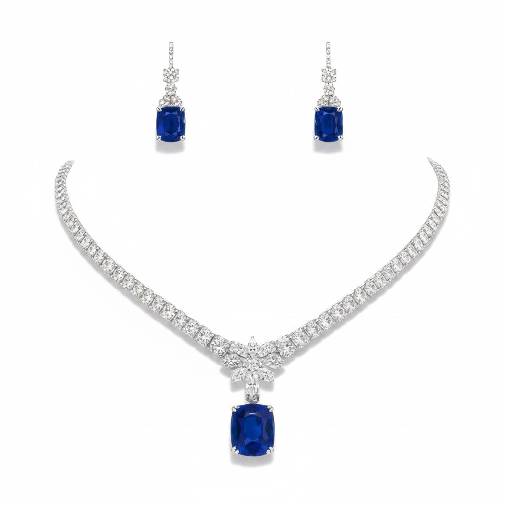 My Store 4 18K white gold necklace and earring set featuring cushion-cut blue sapphires and marquise-cut lab-grown diamonds.