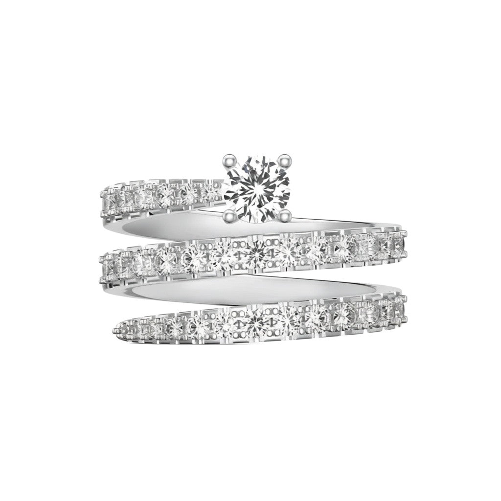 My Store 4 spiral coil engagement ring in white gold with a round solitaire diamond and pavé-set accent diamonds.