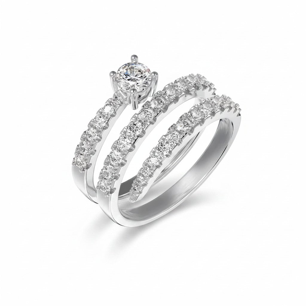 My Store 4 spiral coil multi-band engagement ring in white gold with a round solitaire diamond and pavé accents.