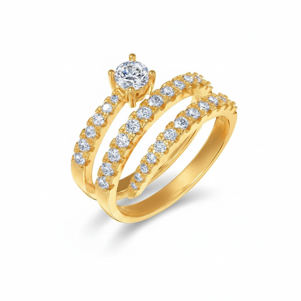My Store 4 spiral coil multi-band engagement ring in yellow gold with a round solitaire diamond and pavé accents.