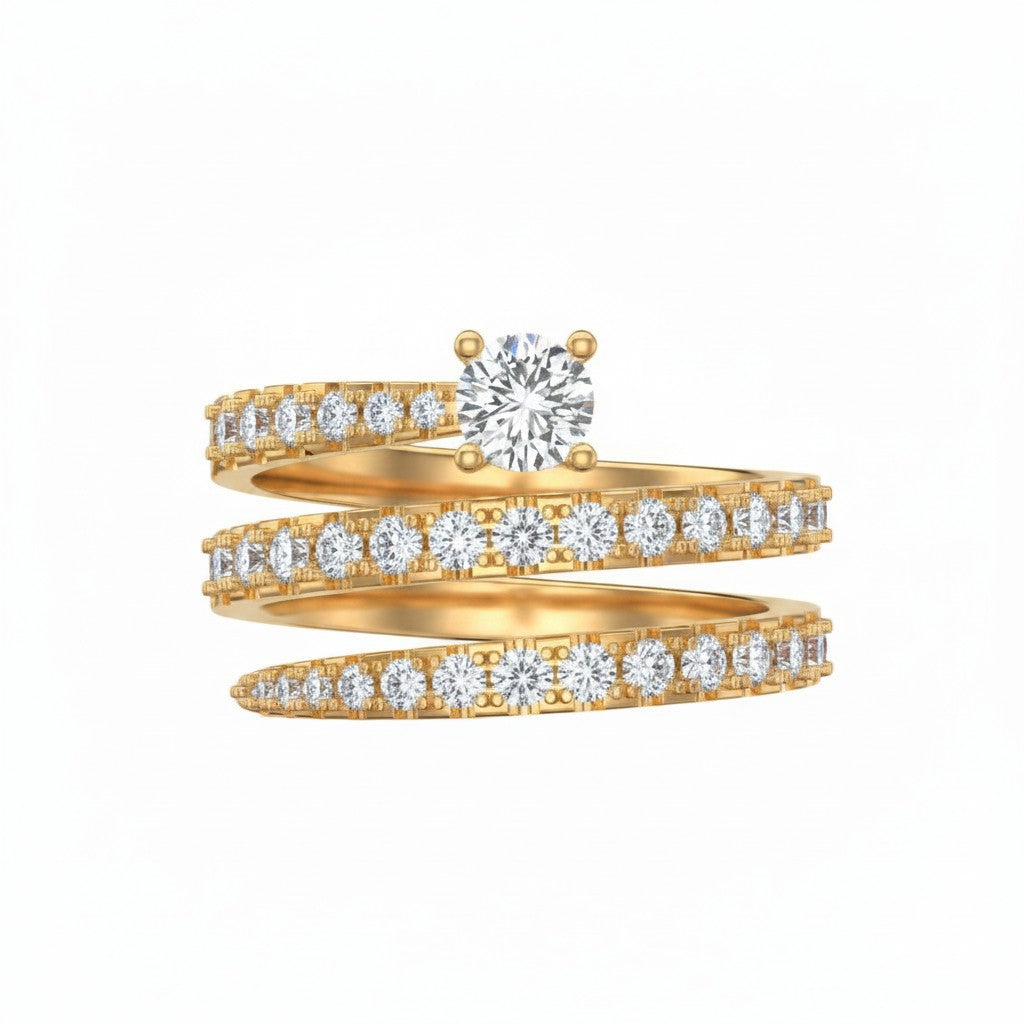My Store 4 spiral coil multi-band engagement ring in yellow gold with a round solitaire diamond and pavé accents.