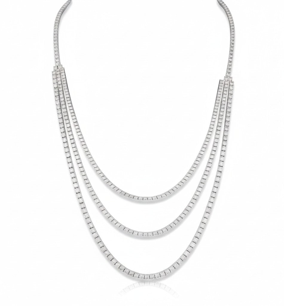 My Store 4 three-layer diamond tennis necklace in white gold with cascading round brilliant-cut diamonds.