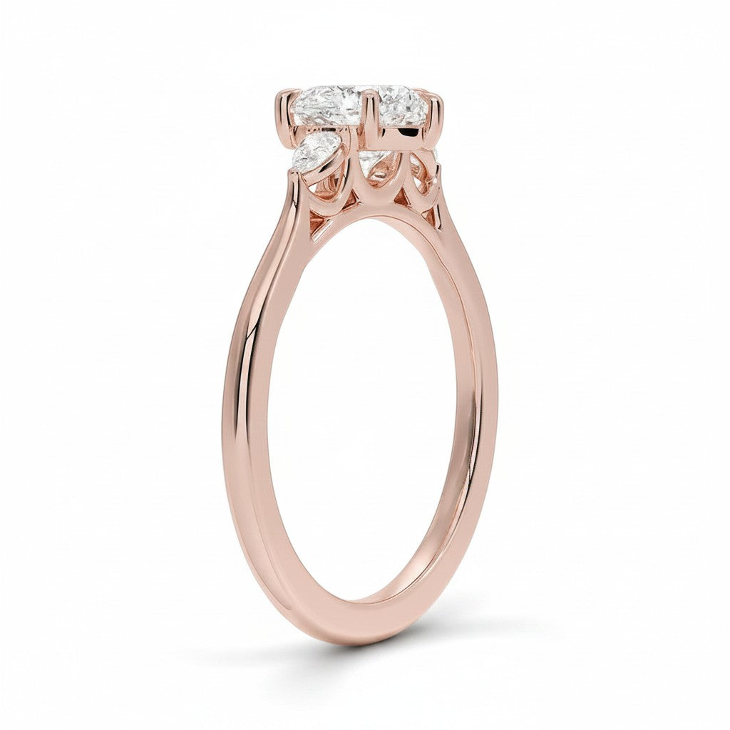 My Store 4 18K solid gold three stone lab-grown diamond engagement ring with a polished band, side profile view.