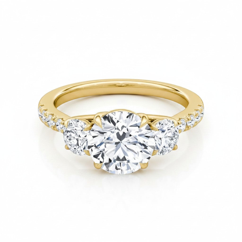 My Store 4 three-stone engagement ring with round diamonds and micro-pavé band in 18K yellow gold