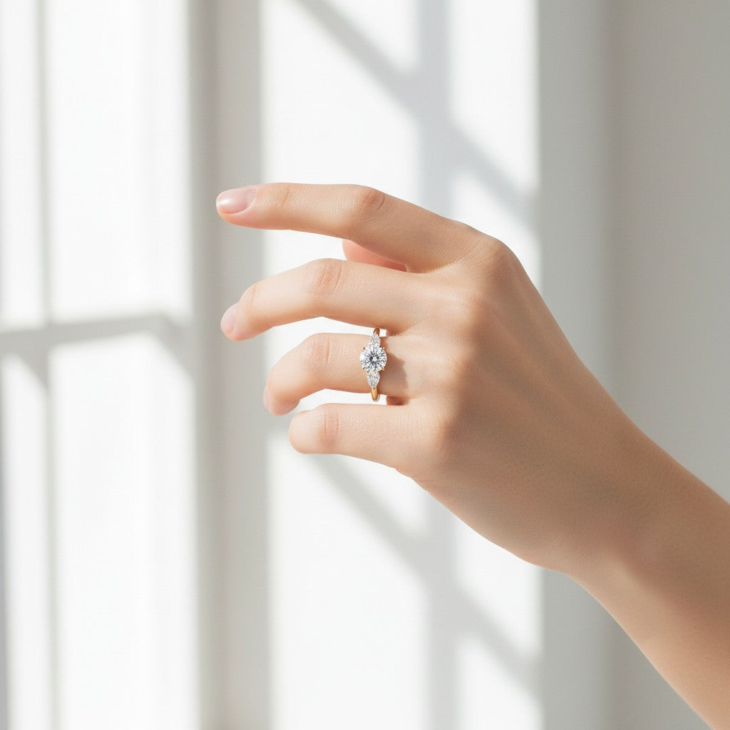 My Store 4 18K solid gold trilogy ring with three lab-grown diamonds worn on a woman's finger in soft natural light.