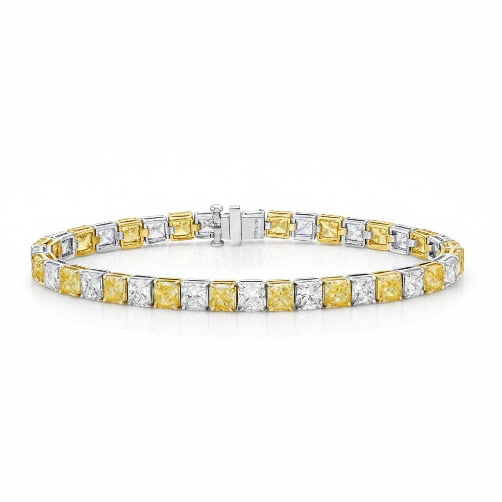 My Store 4 two-tone tennis bracelet featuring alternating yellow and white cushion-cut diamonds in square gold settings.