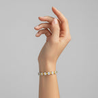My Store 4 two-tone tennis bracelet with alternating fancy yellow cushion and white oval diamonds on a model wrist.